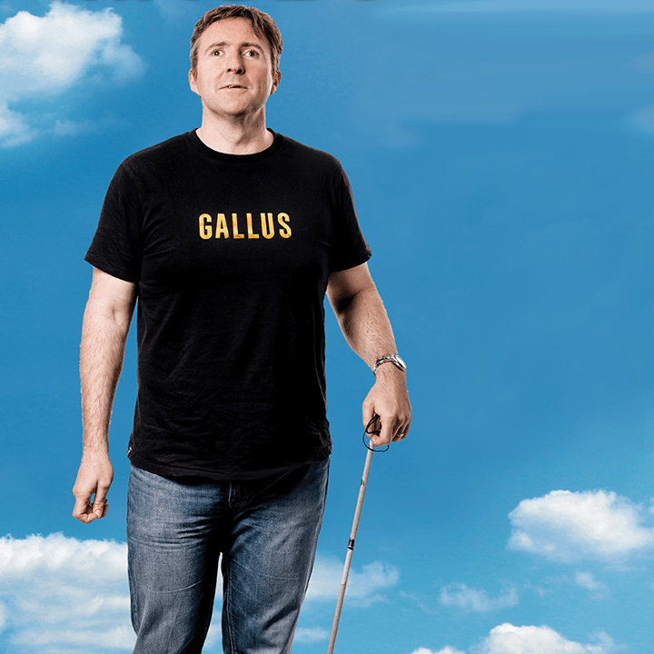 Blind comedian Jamie MacDonald, cover art for 10 Lockdown Kilos And Friends podcast, produced by Inner Ear for Jamie MacDonald