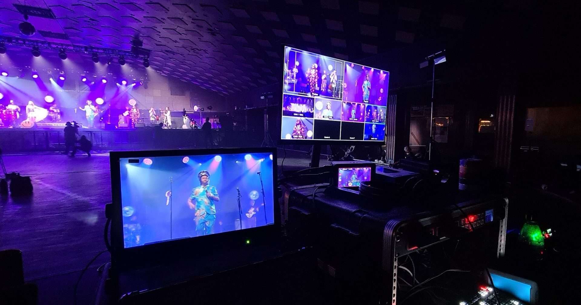 Behind vision mix control, filming Colonel Mustard and the Dijon 5 — Master Stress-Free Live Streaming (Behind the scenes live stream production setup in Glasgow)